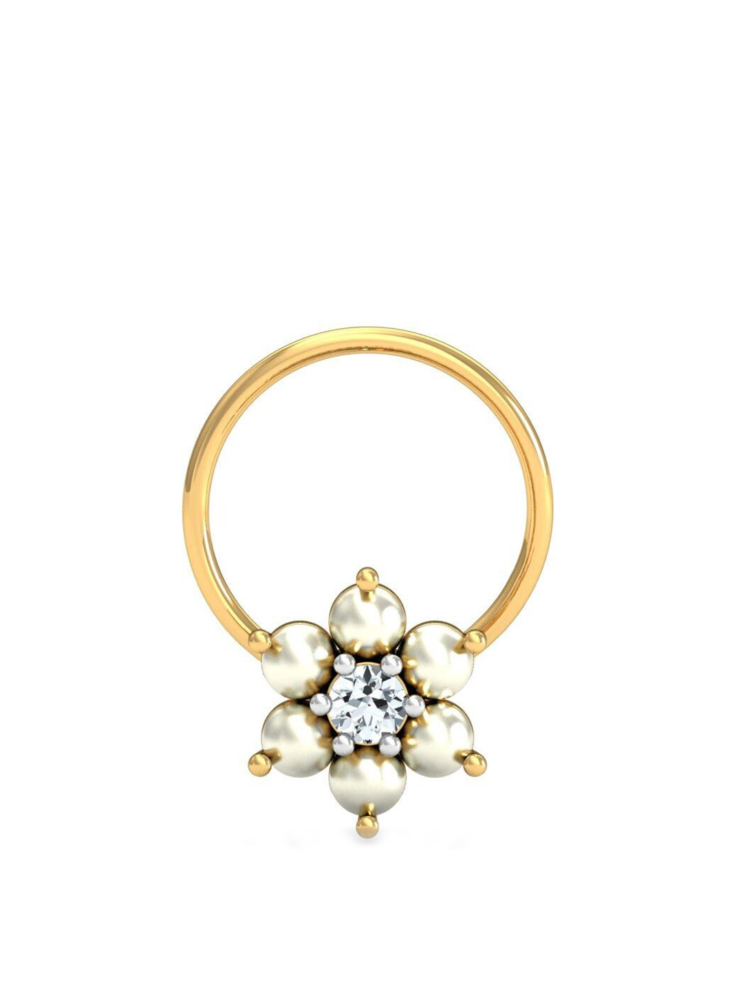 KUBERBOX Floret 18KT Gold Diamond-Studded & Pearl Nose Pin-0.53gm