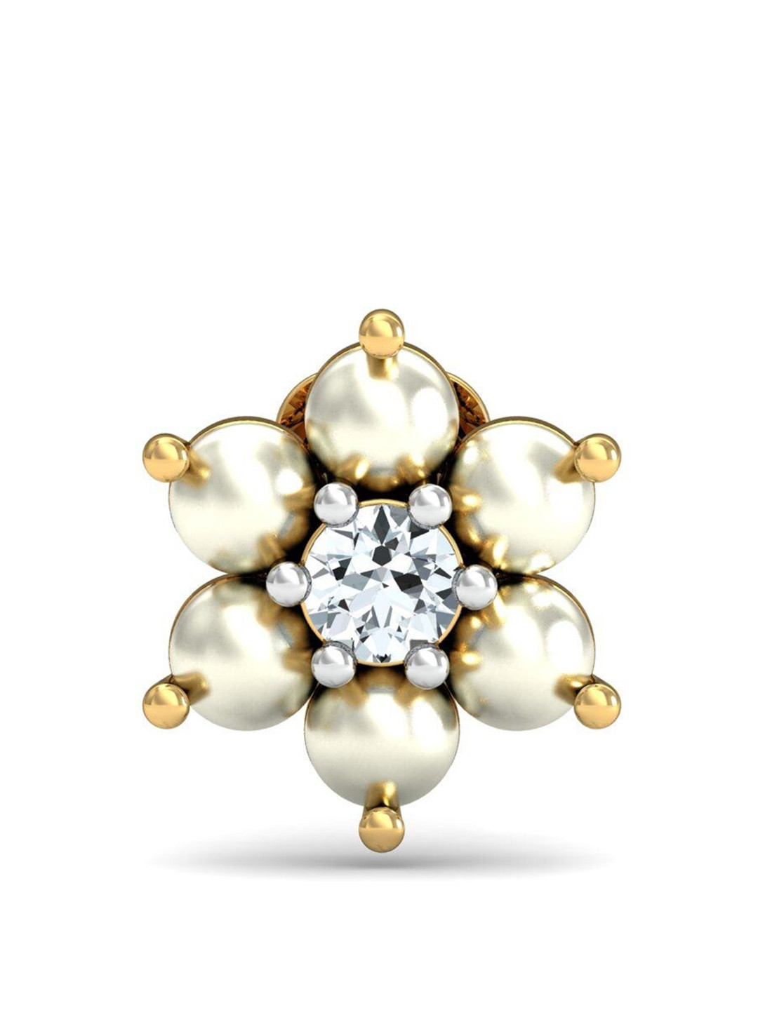KUBERBOX Floret 18KT Gold Diamond And Pearl Studded Nose Pin-0.5g