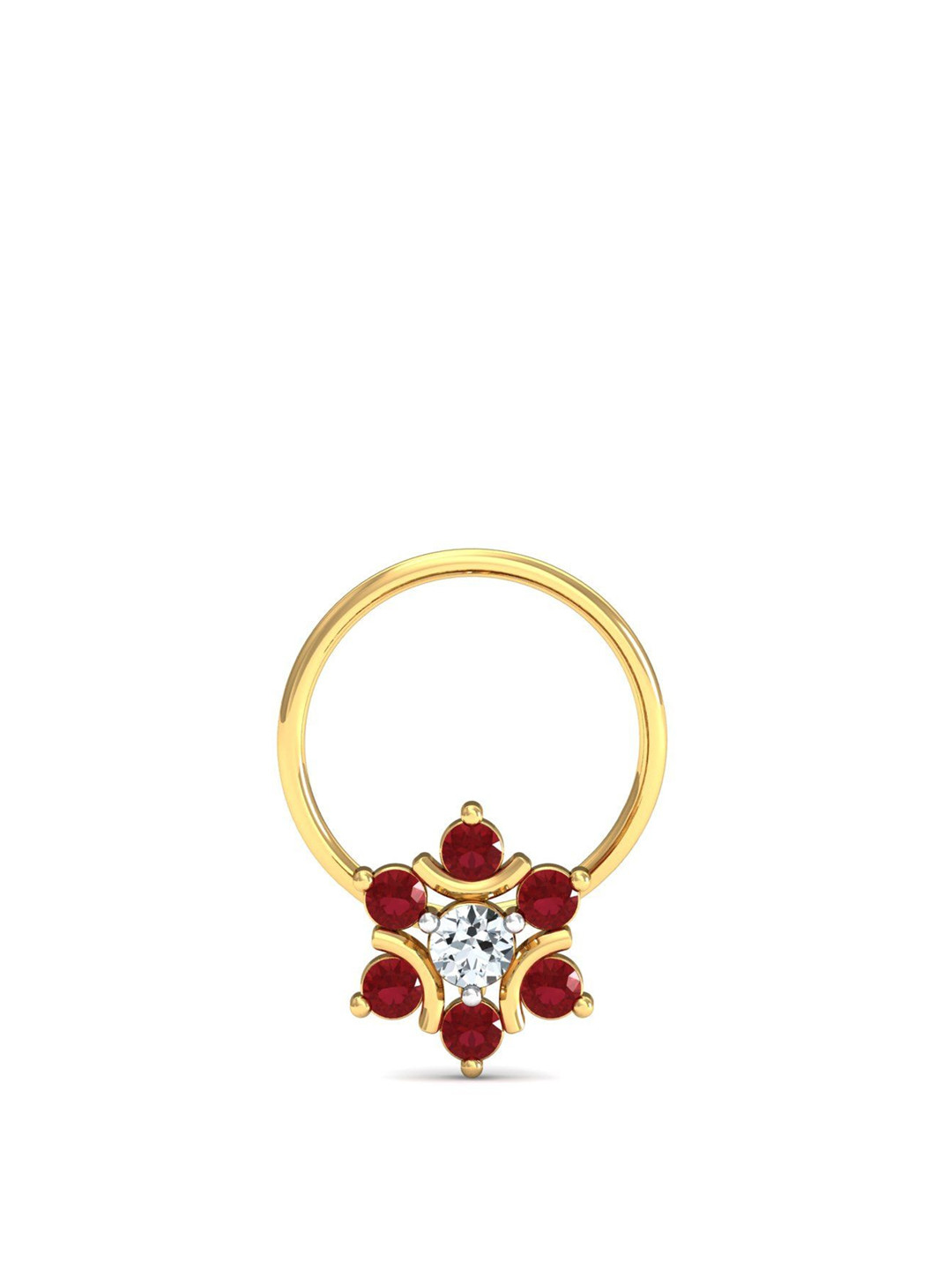 KUBERBOX Klass 18KT Gold Diamond & Ruby Studded Nose Pin-0.36 gm