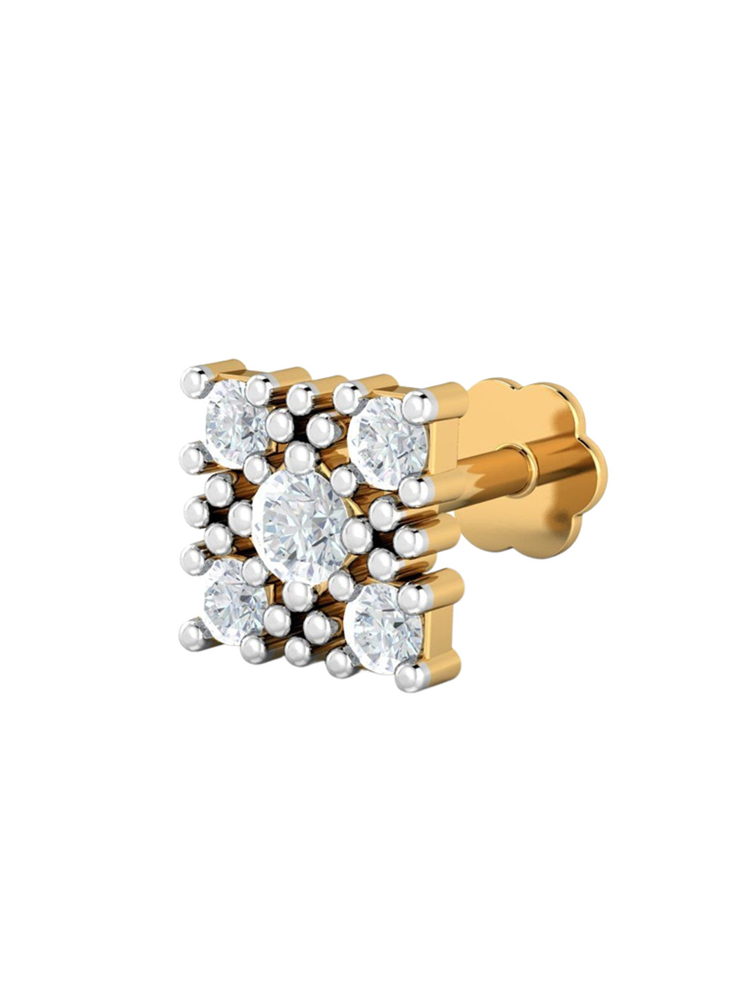 KUBERBOX 18KT Gold Diamond Studded Square Motif Nose Pin-0.49 gm
