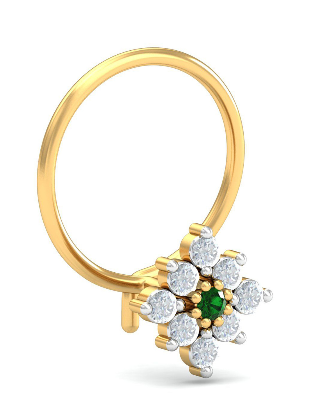 KUBERBOX 18K Yellow Gold Diamond Shagun Emerald Nose Pin