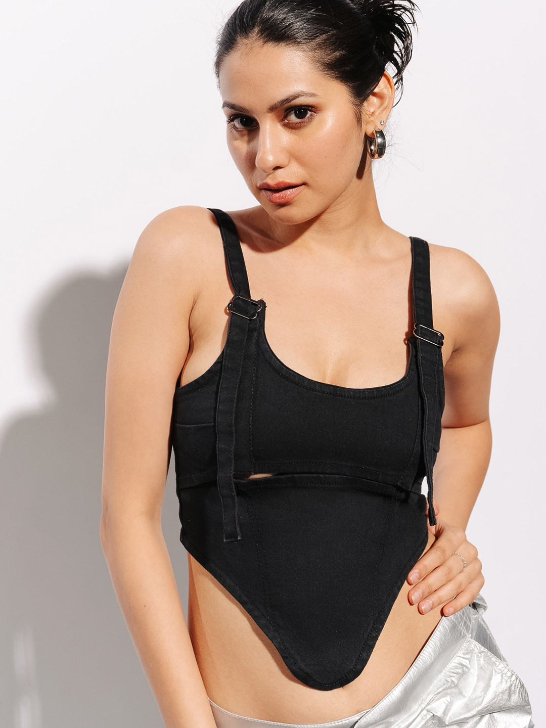 FREAKINS Black Cotton Denim Fitted Top