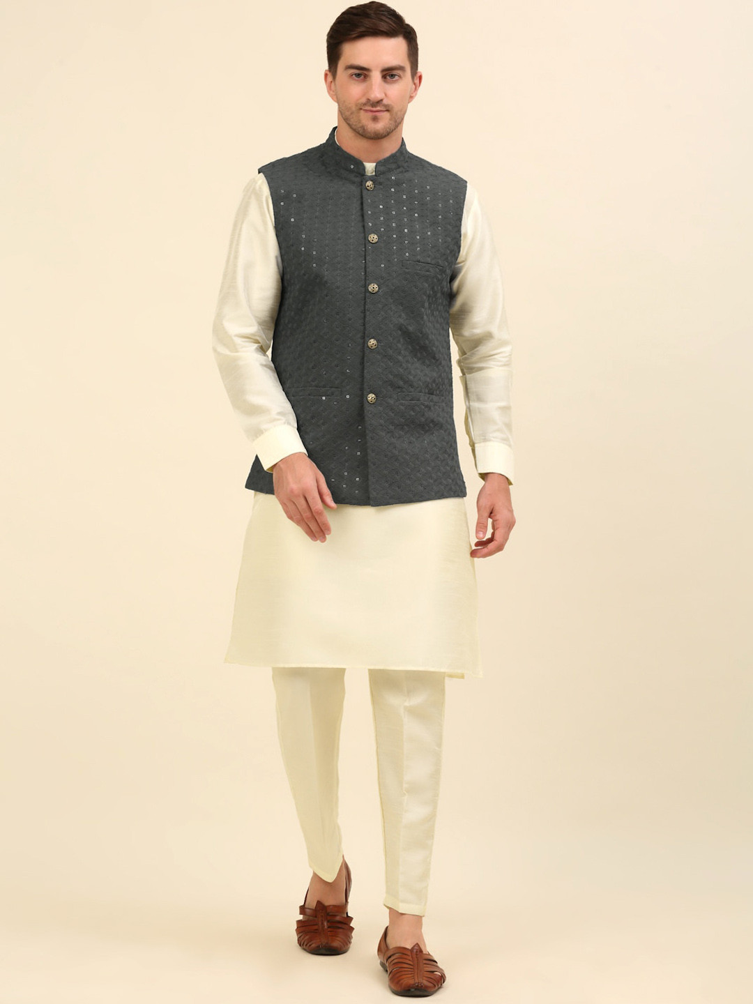 Anouk Grey Embroidered Sequinned Nehru Jacket