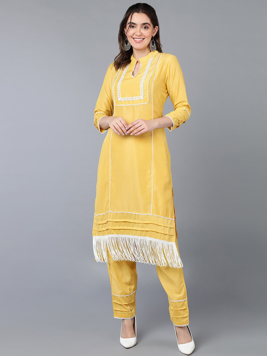 AHIKA Yellow And White Yoke Design Ethnic Motifs Regular Kurta with Trousers