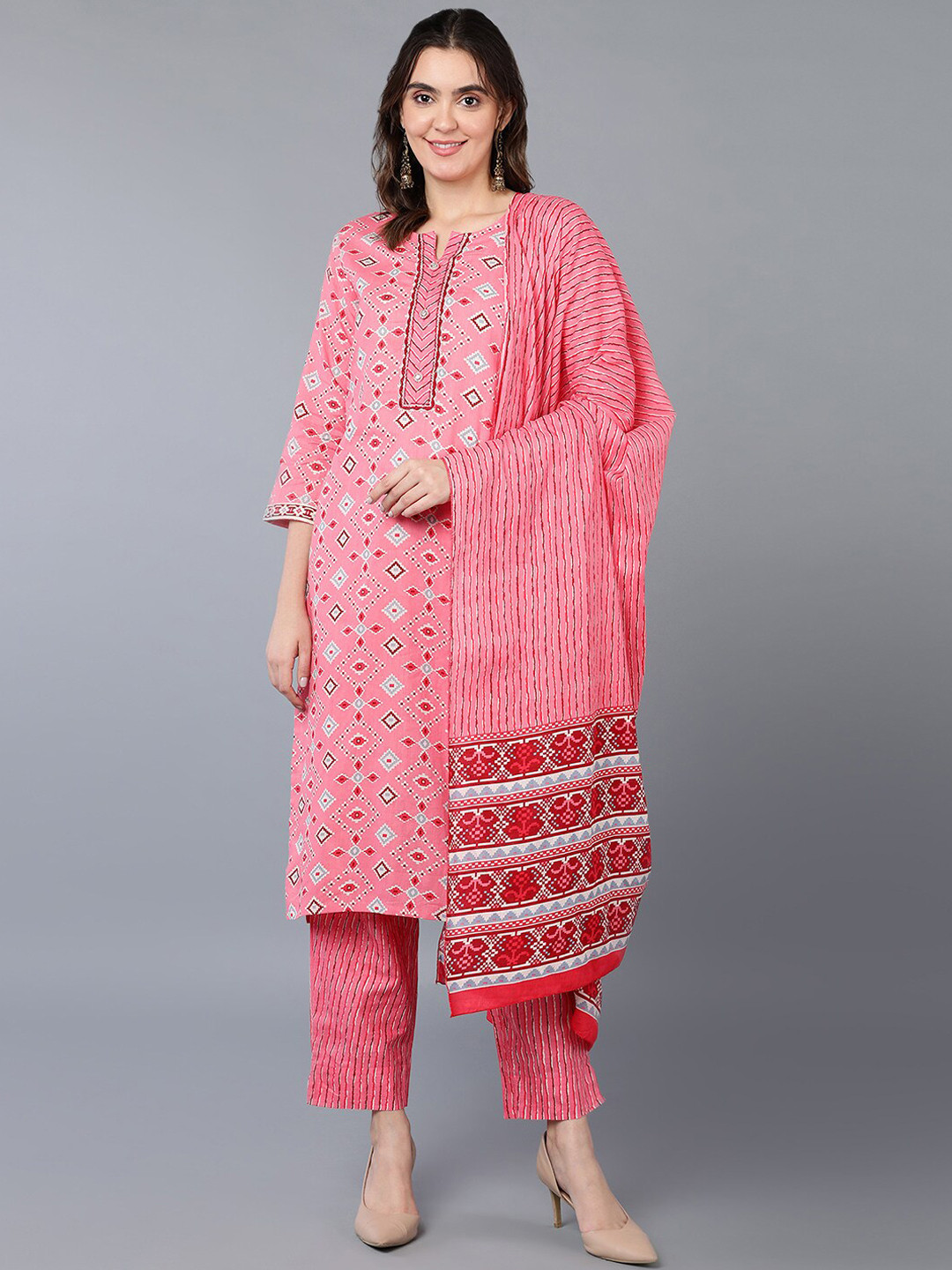 AHIKA Pink And Blue Geometric Printed Regular Pure Cotton Kurta with Trousers & Dupatta