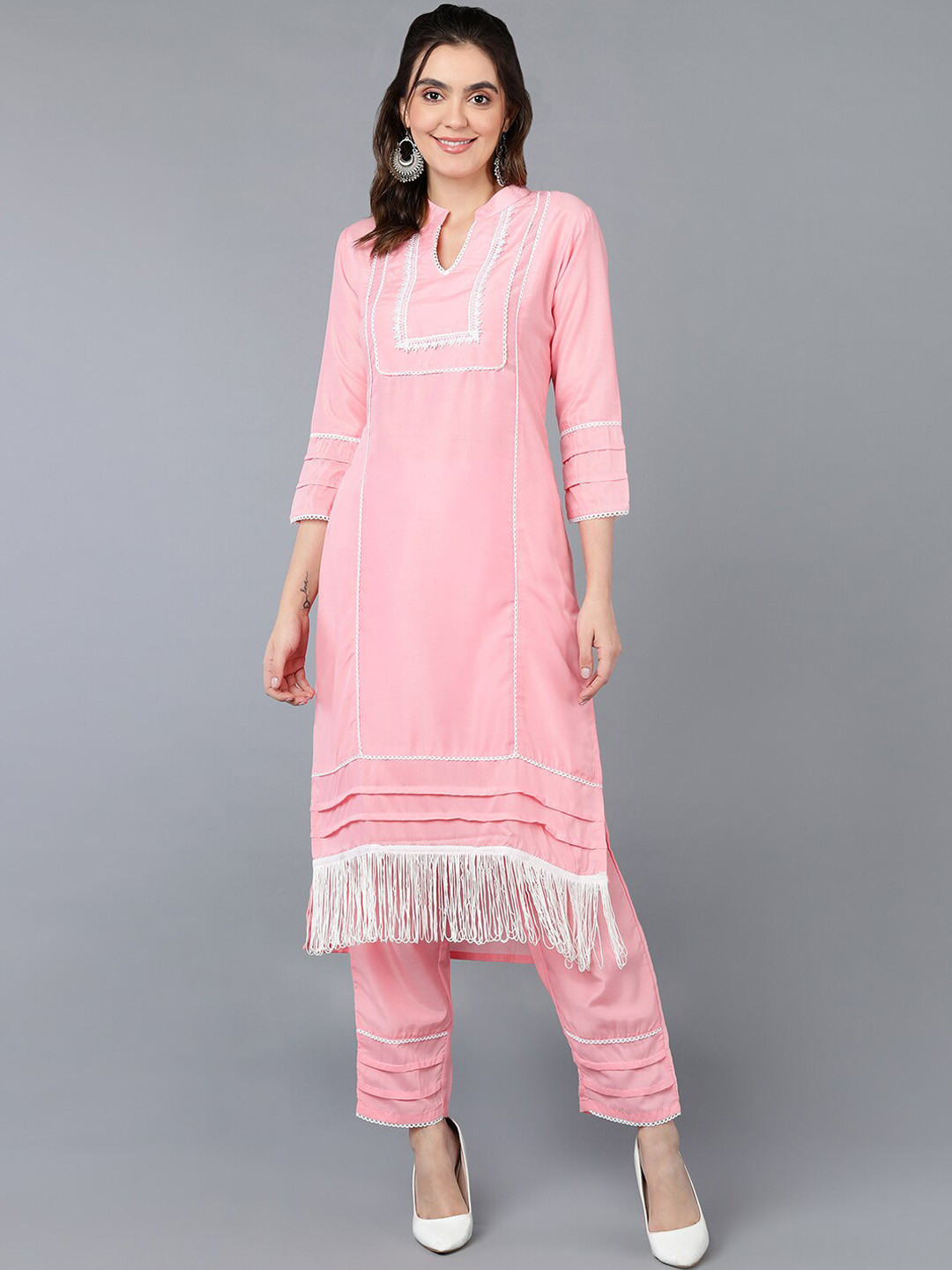 AHIKA Pink And White Yoke Design Ethnic Motifs Regular Kurta with Trousers