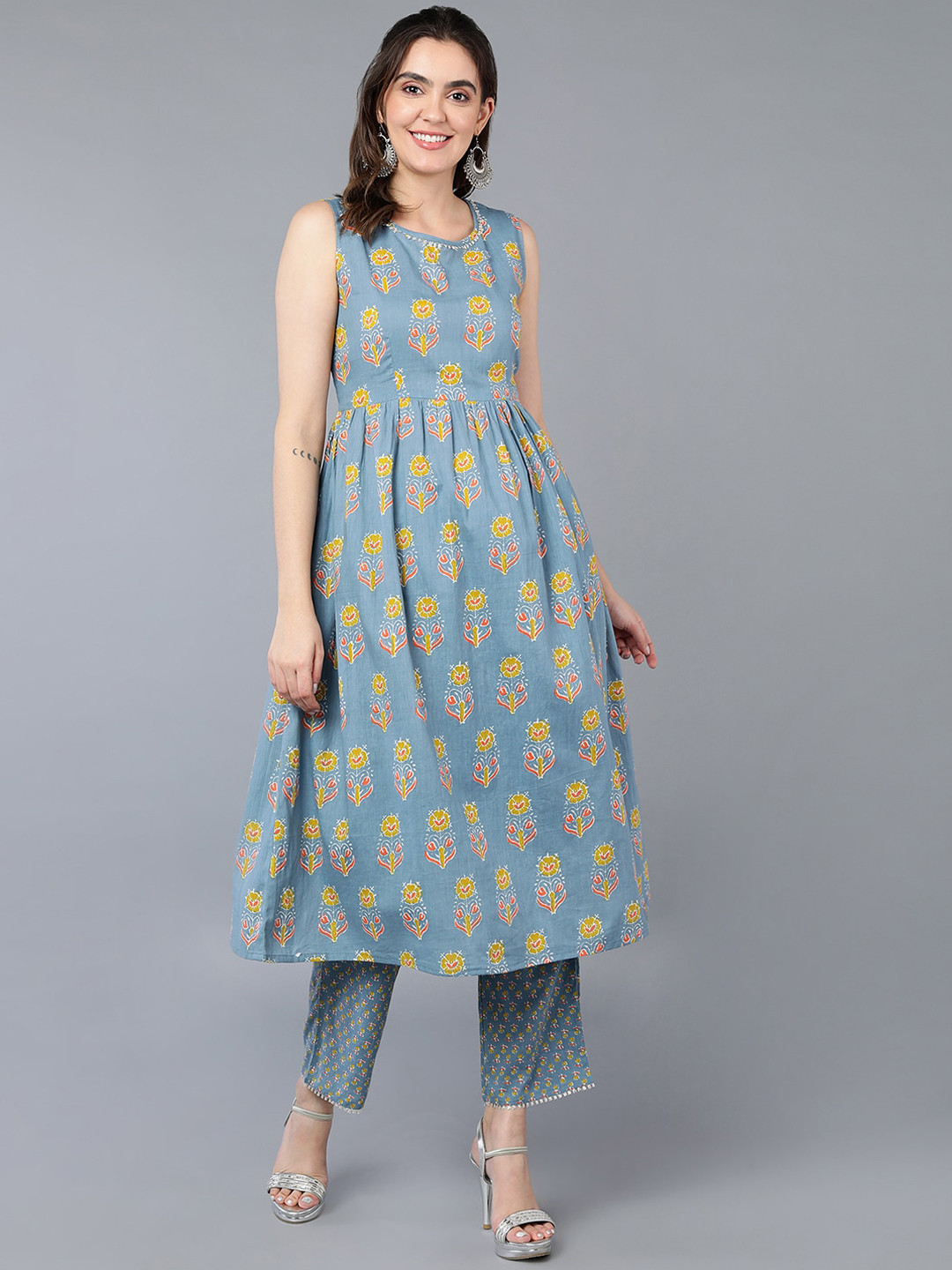AHIKA Blue And Mustard Floral Printed Pure Cotton Gotta Patti Kurta with Trousers