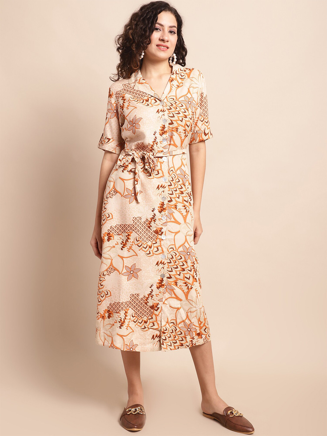 Cantabil Floral Printed Roll-Up Sleeves Shirt Midi Dress