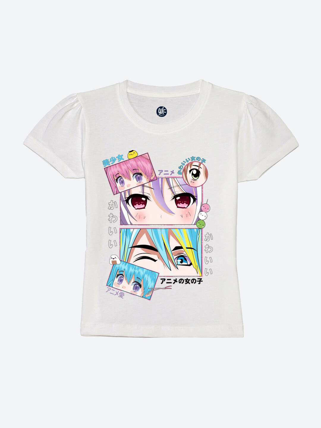 YK Girls Comic Printed Round Neck Puff Sleeves Pure Cotton T-shirt