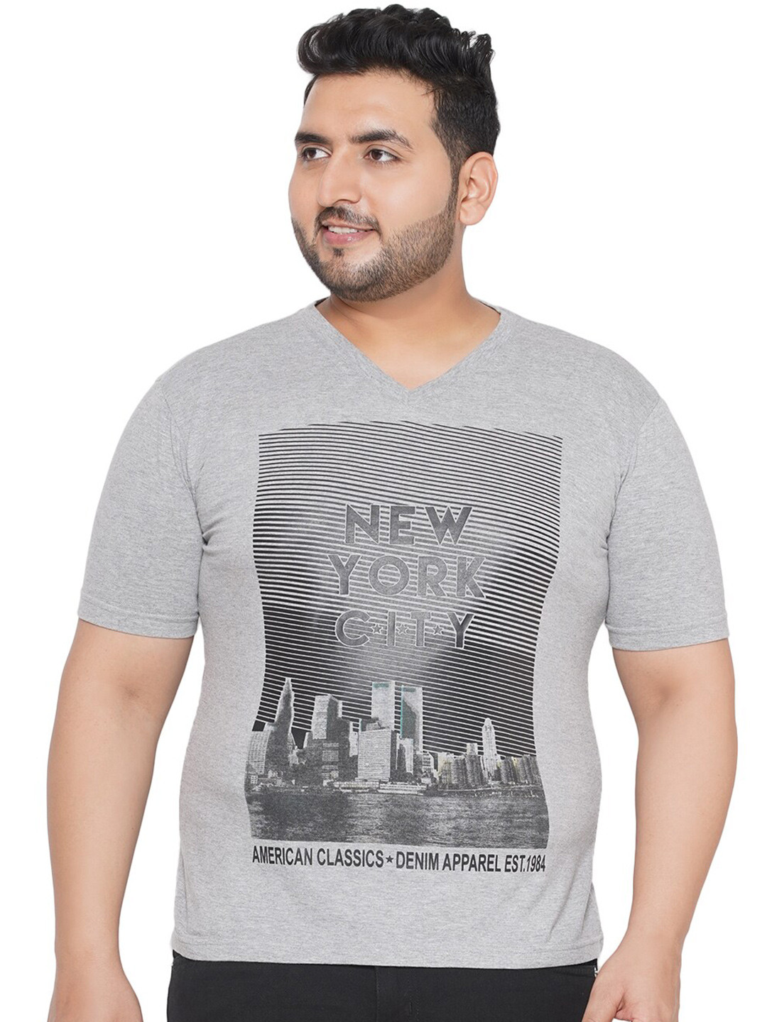 Santonio Plus Size People And Places Printed V-Neck Pure Cotton T-shirt