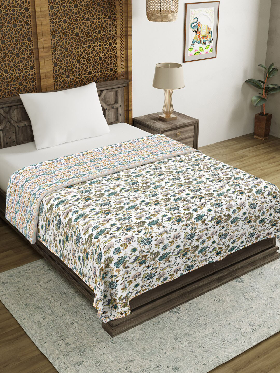 Sangria Green & White Ethnic Motifs Printed 150GSM Single Dohar
