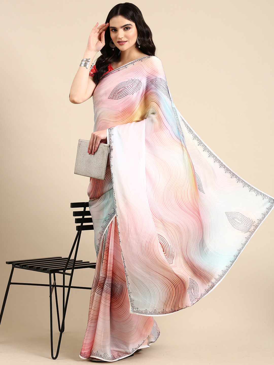 Mitera Abstract Print Beads & Stones Satin Pure Georgette Saree