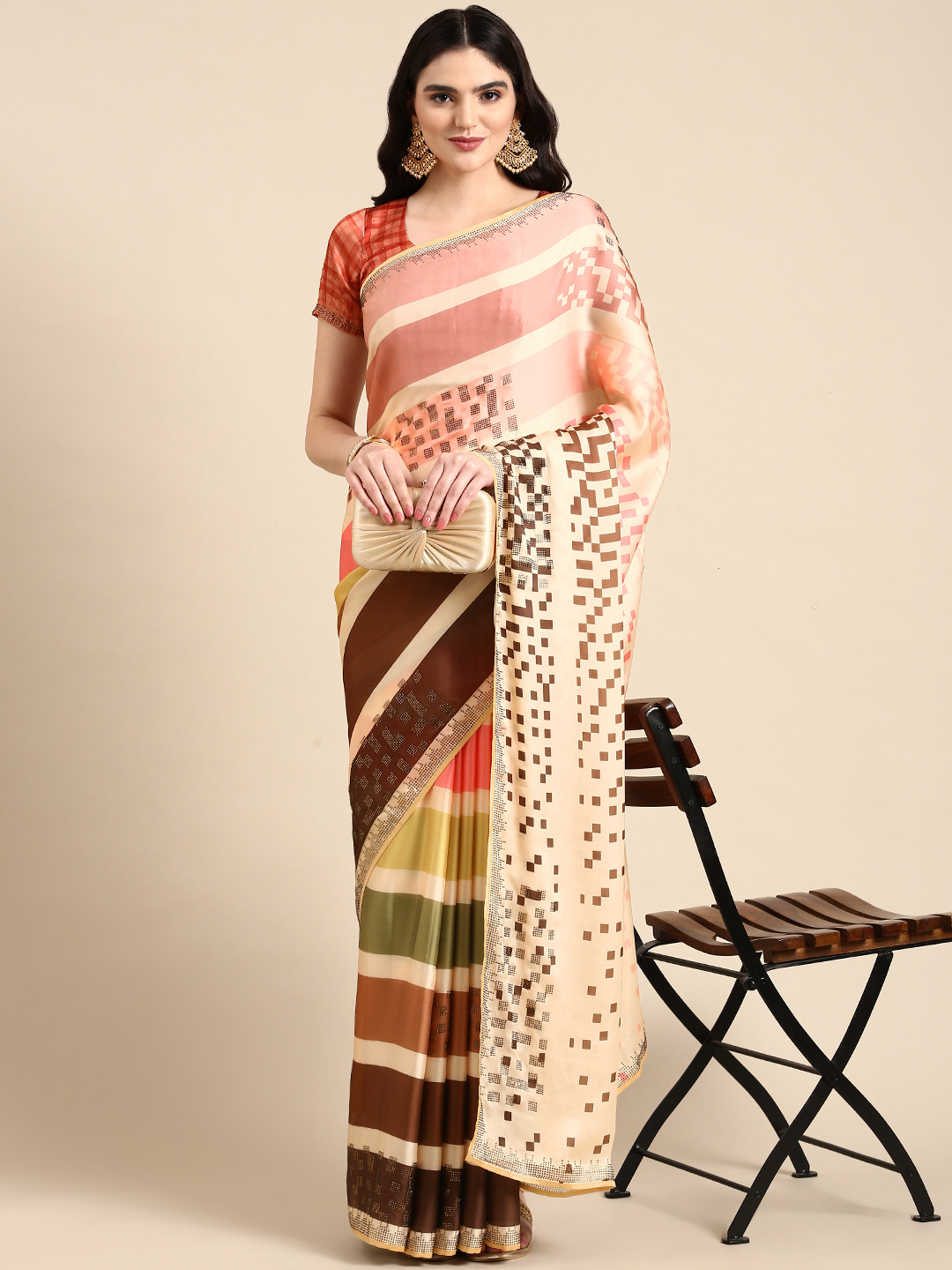 Mitera Striped Beads & Stones Satin Pure Georgette Saree