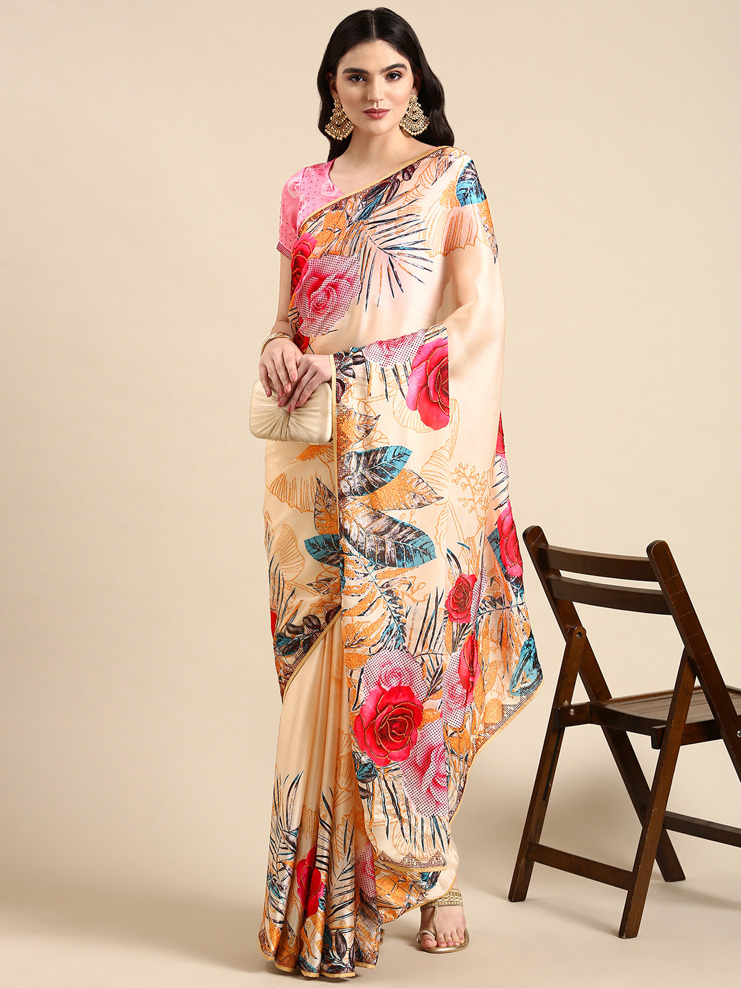 Mitera Floral Print Beads & Stones Satin Pure Georgette Saree