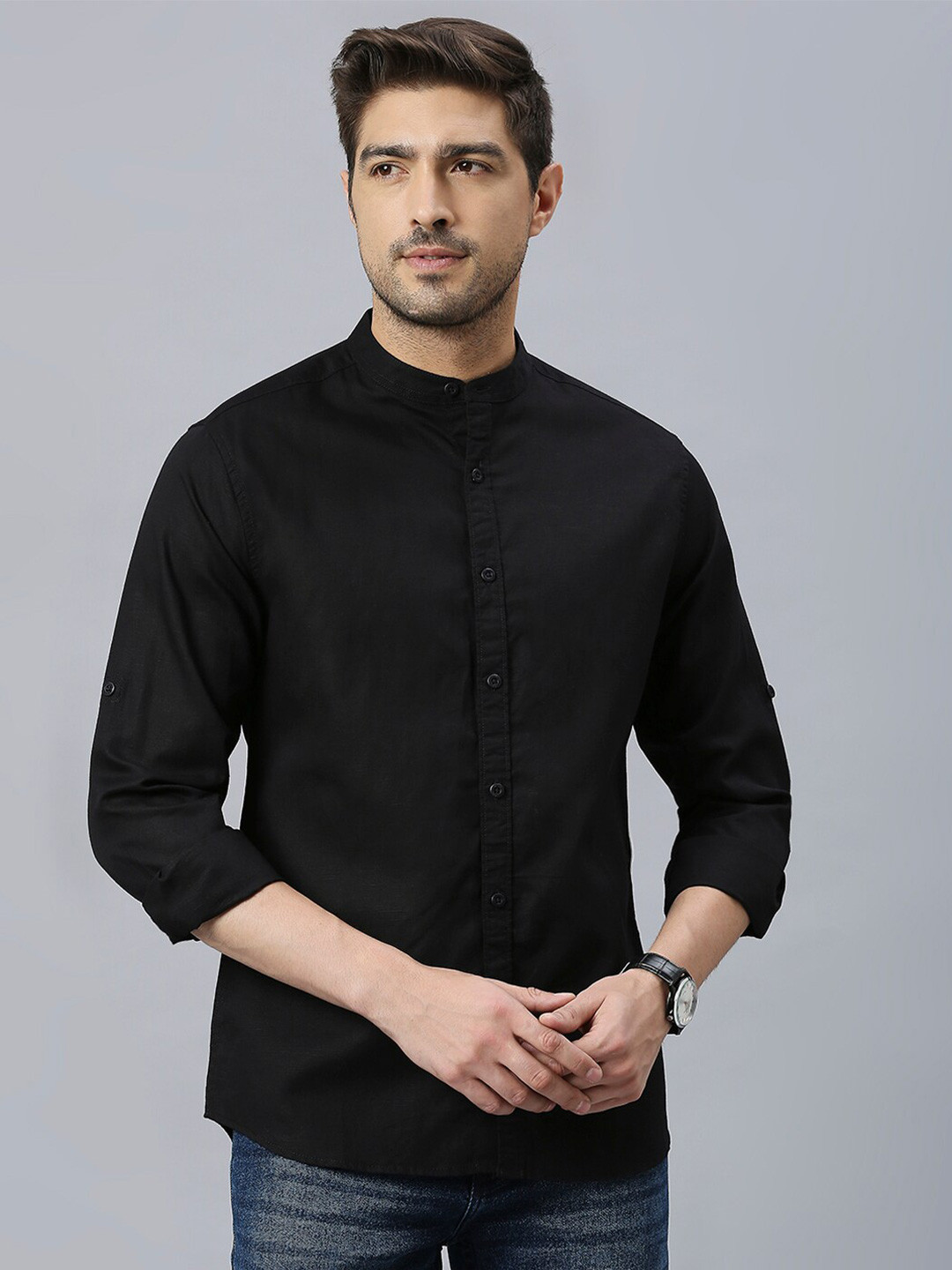 HERE&NOW Black Band Collar Classic Slim Fit Cotton Linen Casual Shirt