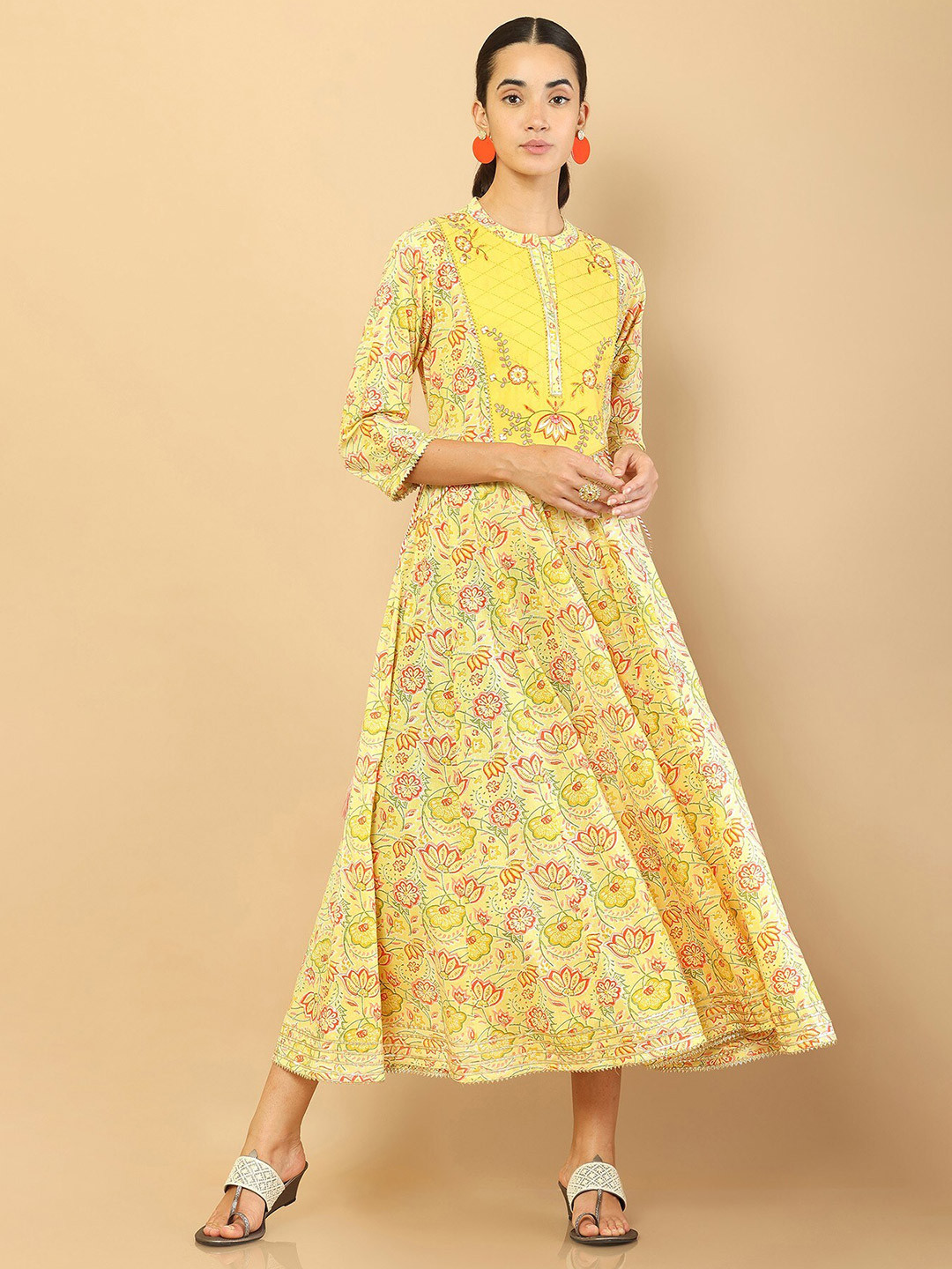 Soch Yellow & Red Ethnic Motifs Printed Embellished Midi Fit & Flare Dress