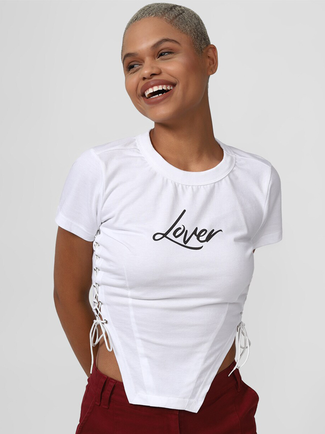 FOREVER 21 White Typography Printed Lace-Up Detailed Cotton Top