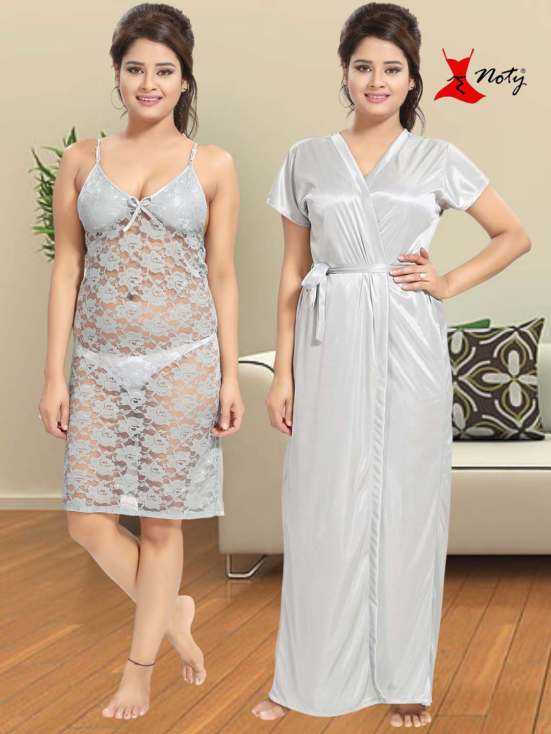 Noty Self Design Nightdress With Robe
