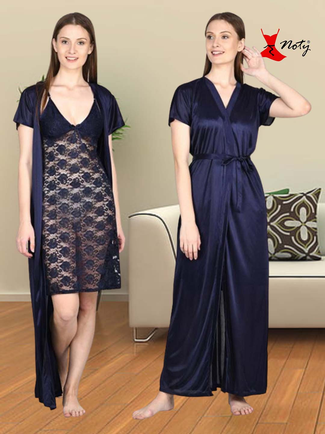 Noty Self Design Satin Nightdress With Robe