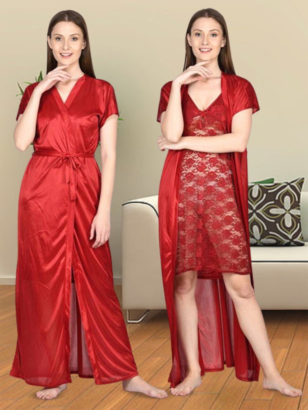 Noty Self Design Satin Nightdress With Robe