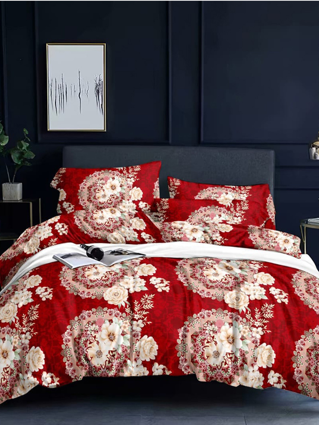 Bajo's Red Floral Cotton 300 TC Queen Fine Bedsheet with 2 Pillow Covers-225 x 250 cm