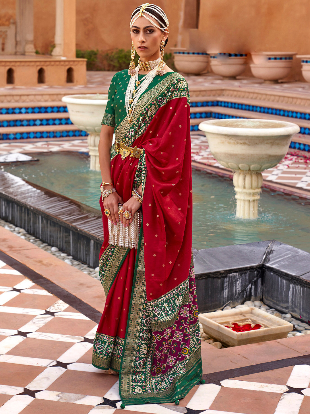 Mitera Red & Green Woven Design Zari Silk Blend Saree