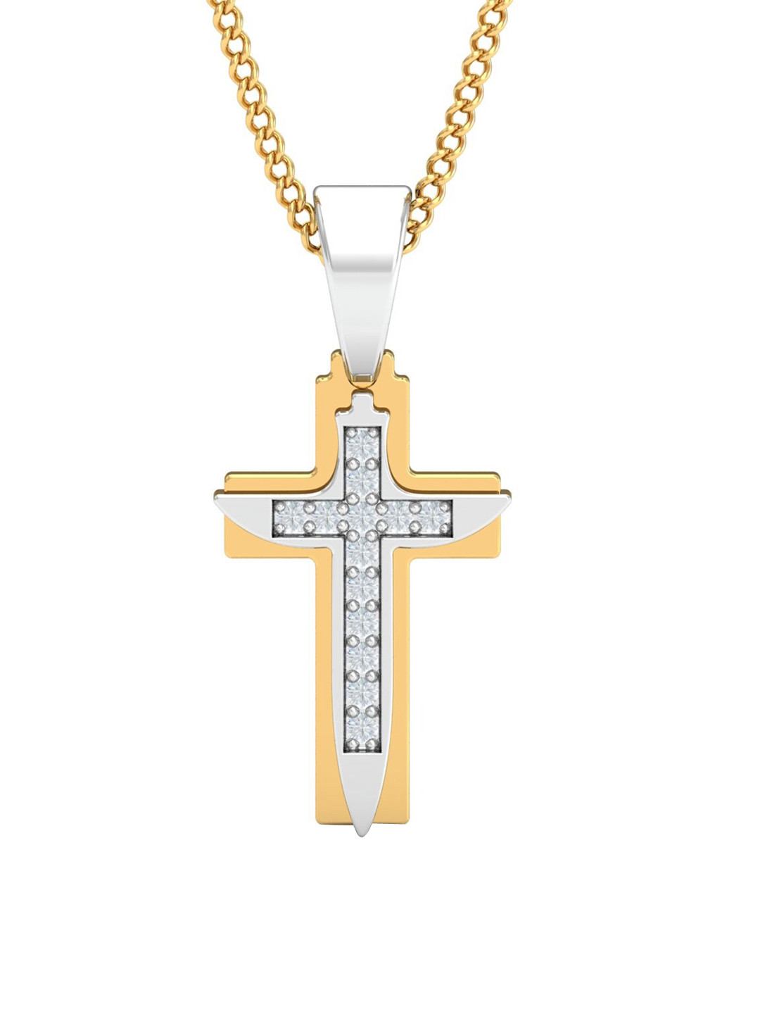 KUBERBOX Divine Cross 18KT Gold Diamond Studded Pendant-0.62gm