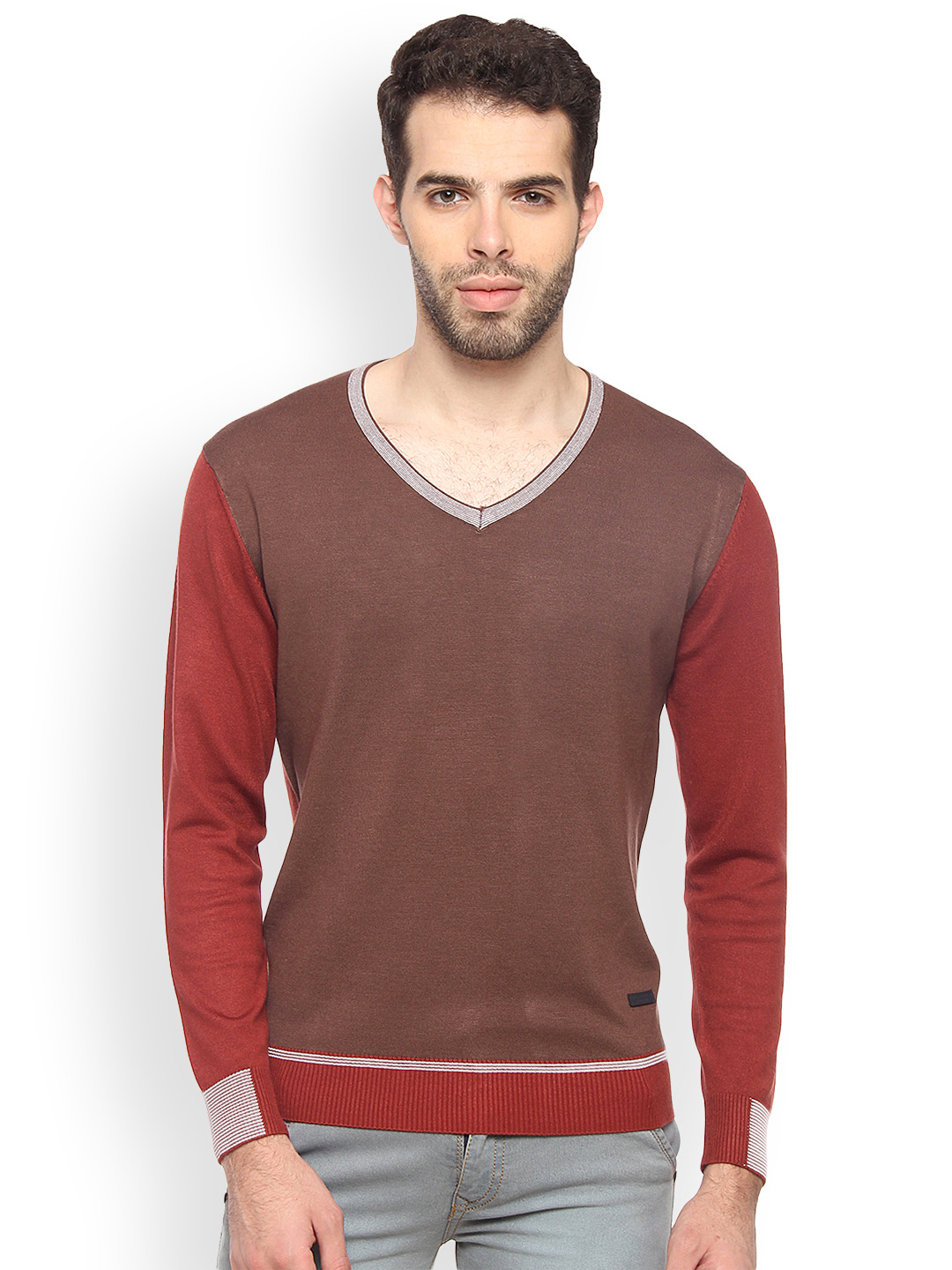 Duke Men Brown & Rust Colourblocked Pullover