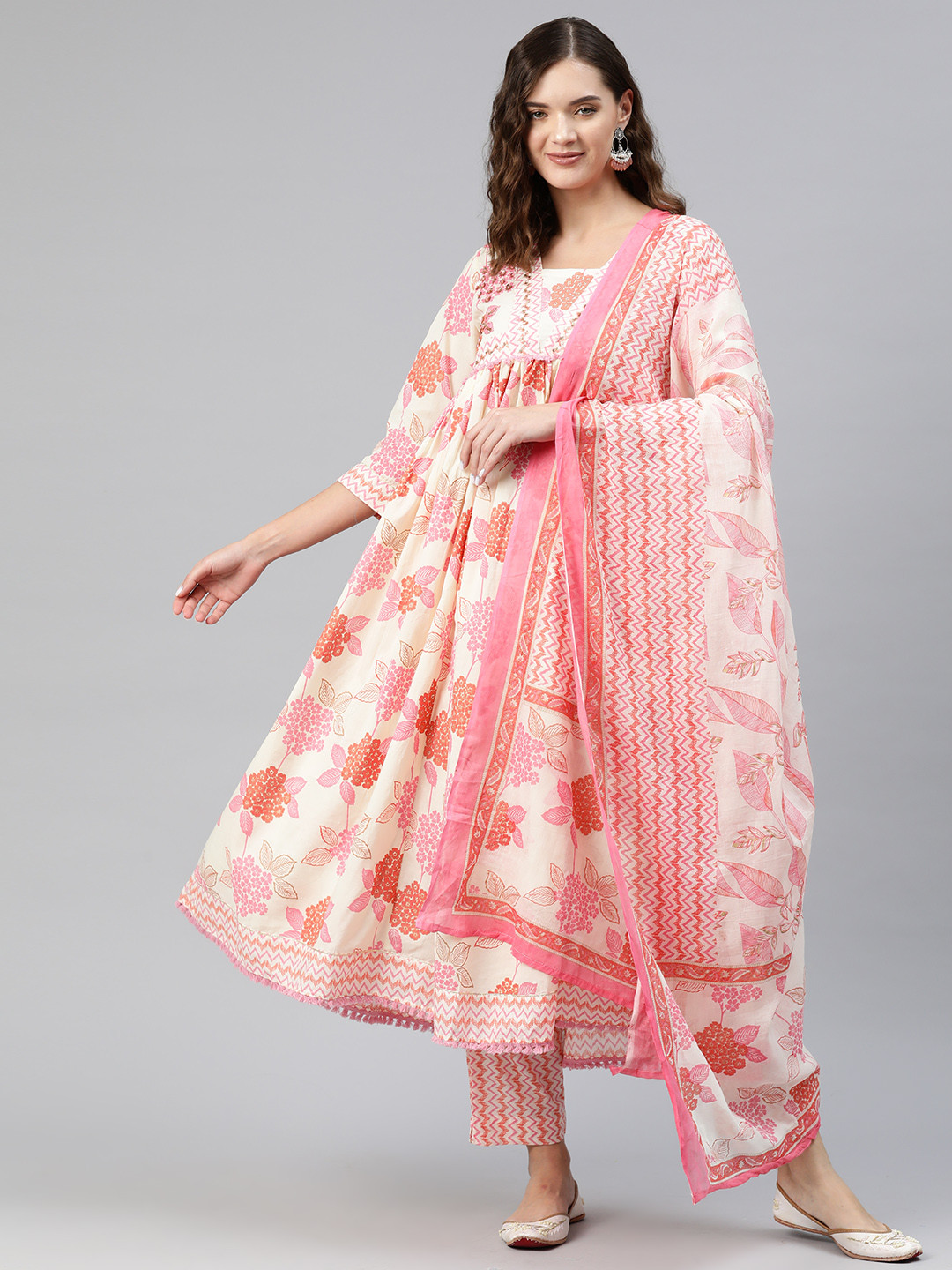 Readiprint Floral Printed Pleated Sequinned Cotton Kurta with Pyjamas & Dupatta