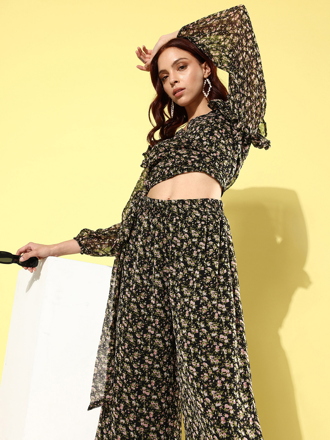 ANVI Be Yourself Black & Peach Printed V-Neck Ruffled Crop Top With Flared Palazzos