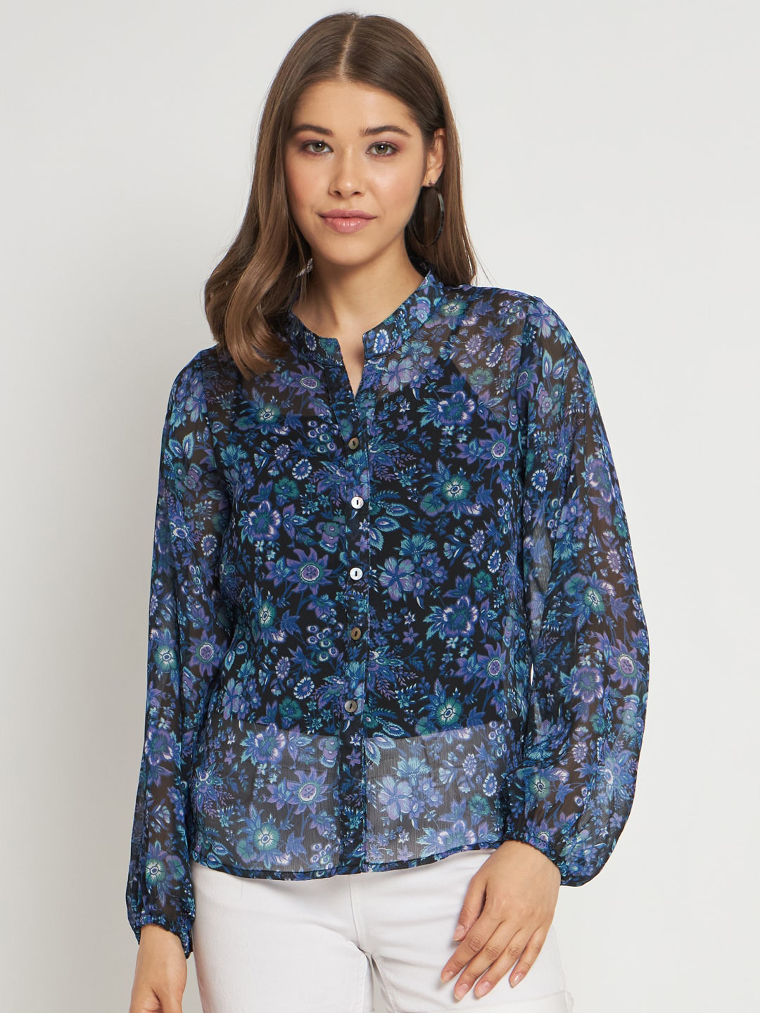 ANVI Be Yourself Blue & Black Floral Printed Classic Sheer Shirt