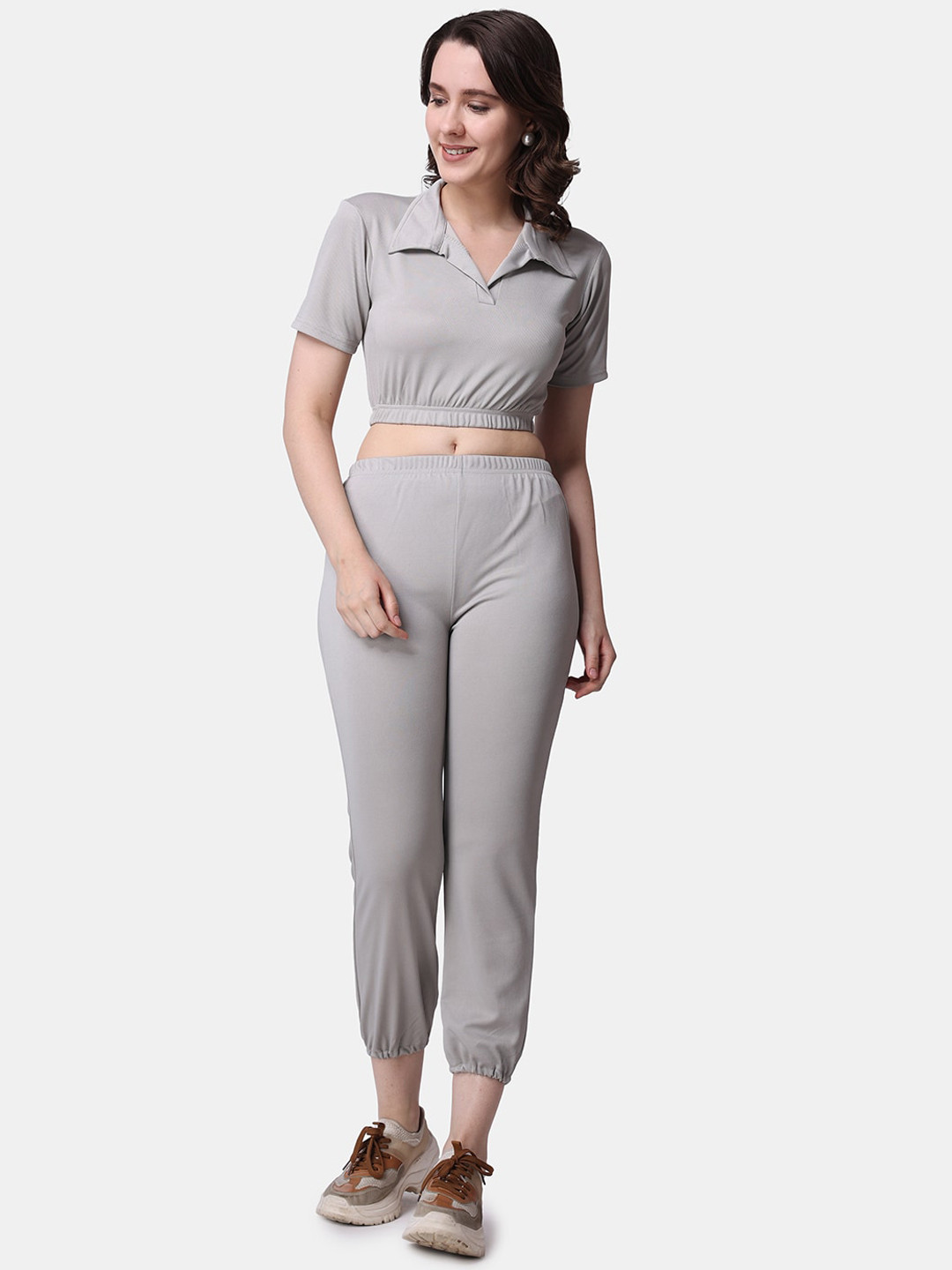 Popwings Self Design Shirt Collar Top With Joggers Co-Ords