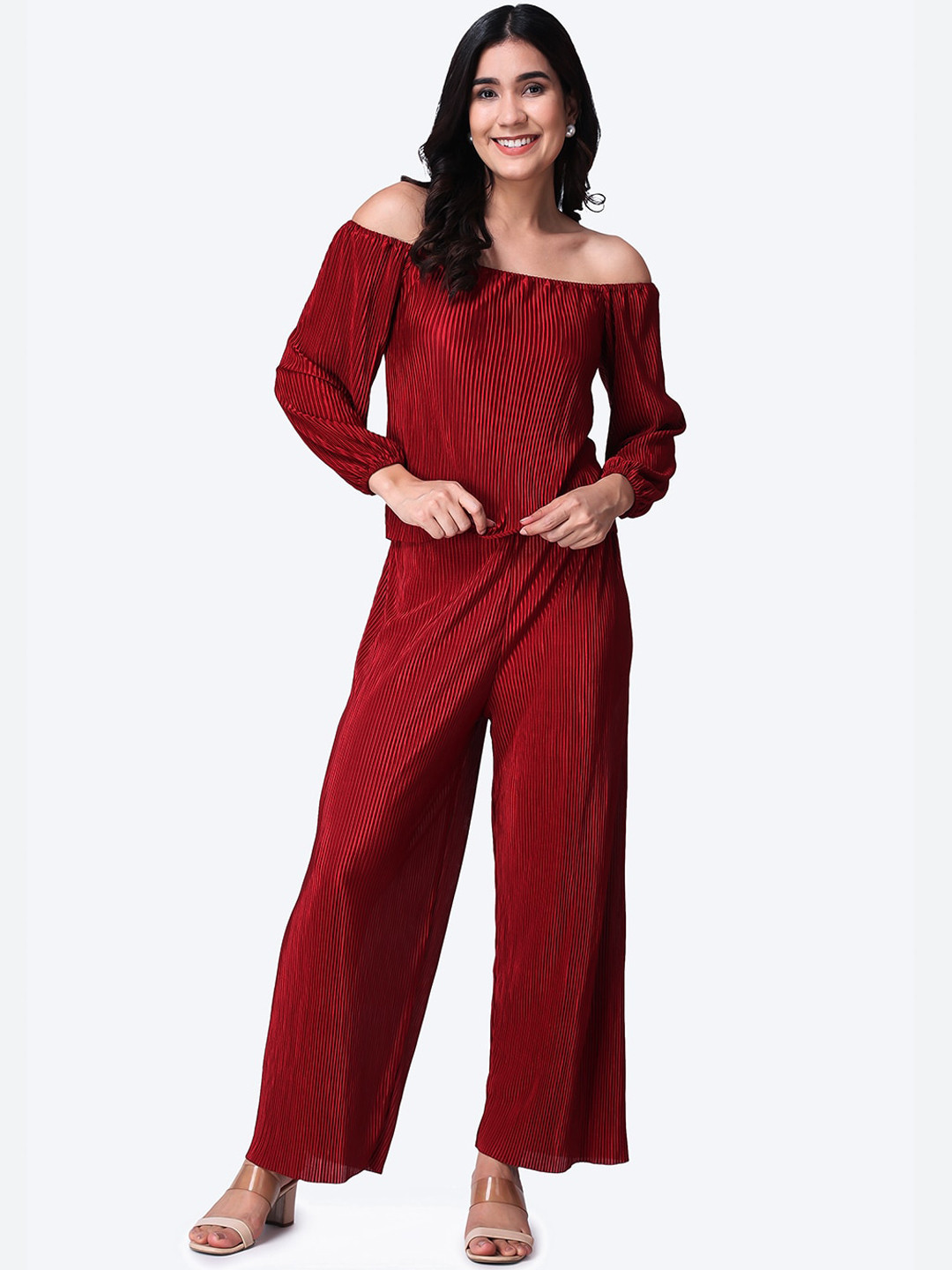 Popwings Striped Self Design Off Shoulder Top With Palazzo