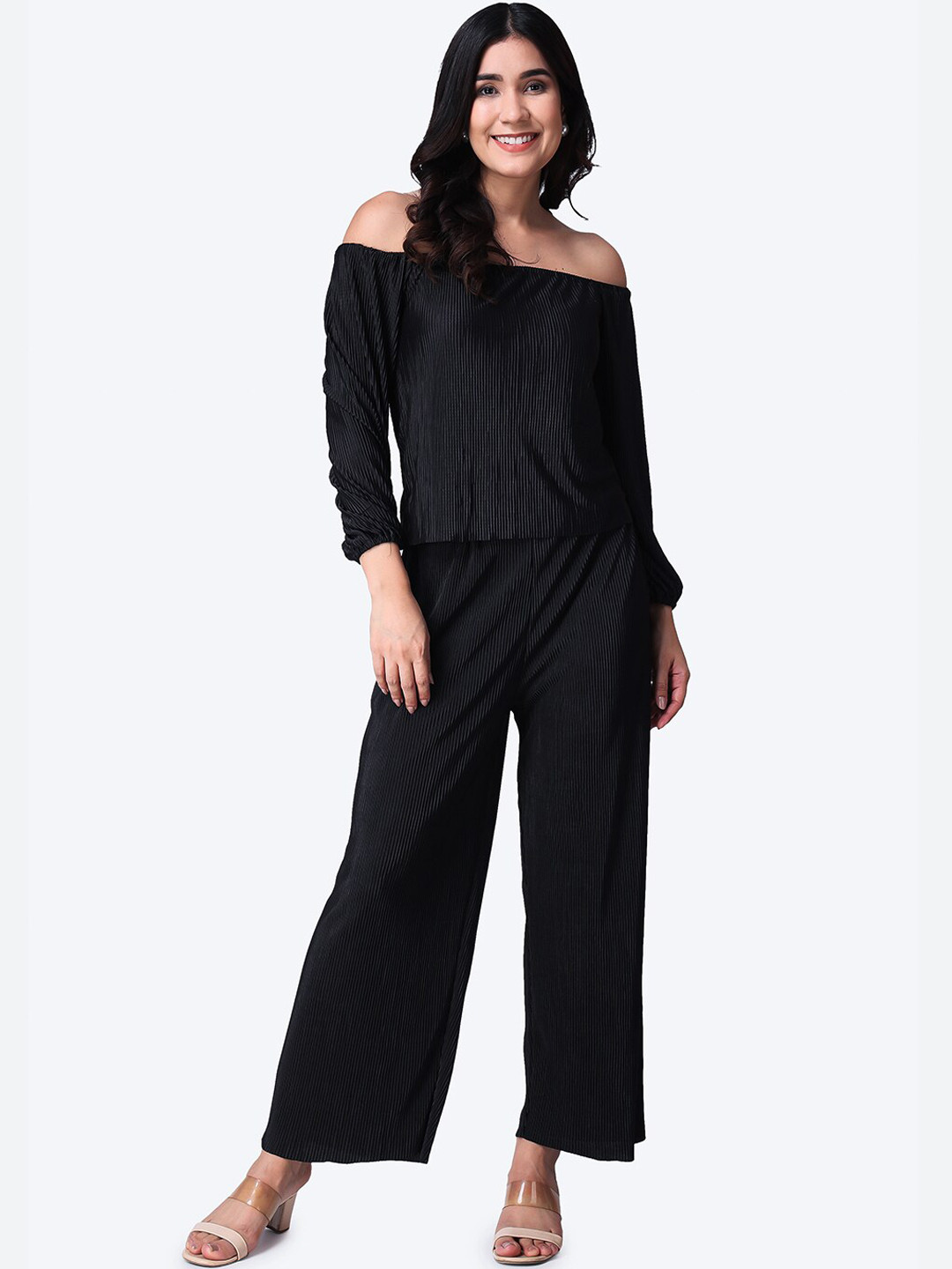 Popwings Striped Self Design Off Shoulder Top With Palazzo