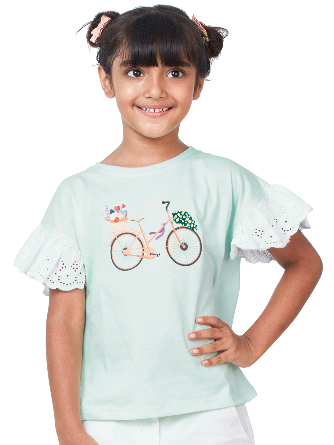 My Milestones Girls Graphic Printed Ruffles Knitted Cotton Regular Top