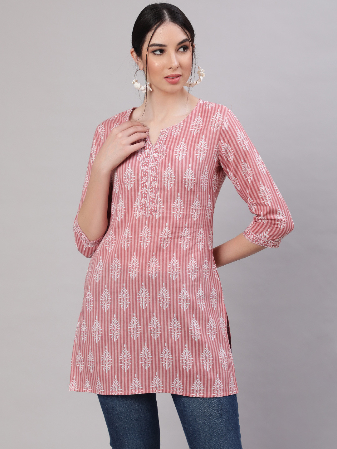 Nayo Pink And White Printed Cotton Straight Tunic