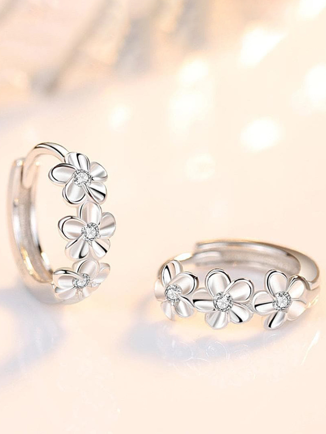MYKI Silver-Toned Floral CZ-Hoop Earrings