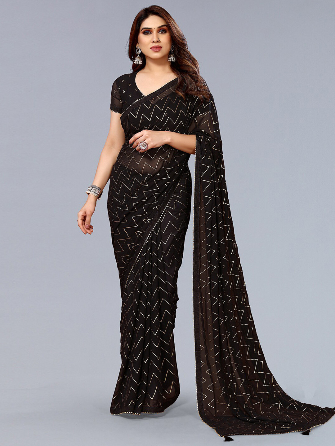 KALINI Striped Foil Printed Poly Georgette Saree