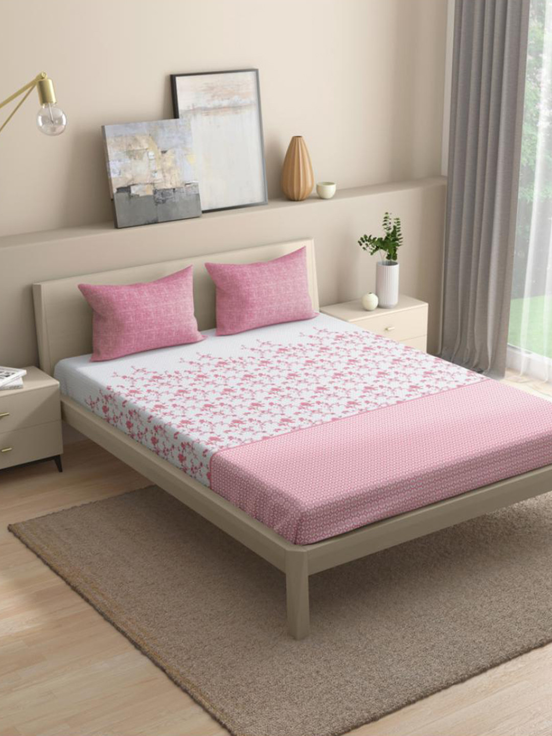 wakefit Florenza Pink Floral Cotton 144 TC Fitted Queen Bedsheet with 2 Pillow Covers-78 x 60 inches
