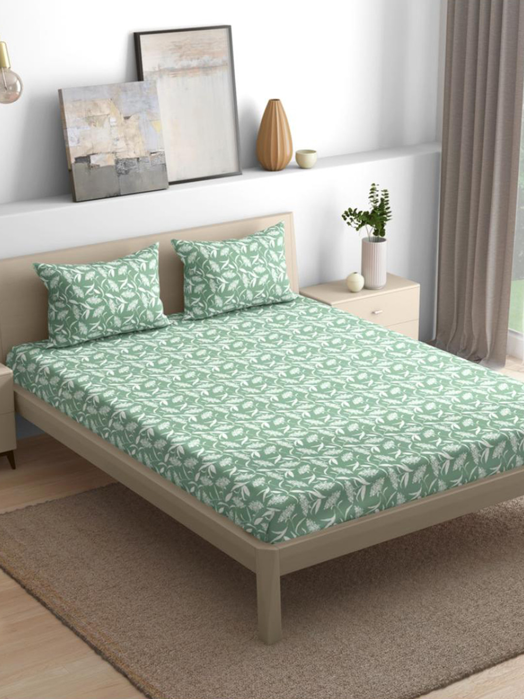 wakefit Hester Sea Green Floral Cotton 144 TC Fitted Queen Bedsheet with 2 Pillow Covers-78 x 60 inches