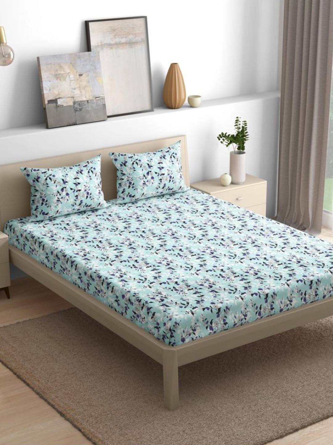 wakefit Turquoise Blue Floral Cotton 144 TC Fitted Queen Bedsheet with 2 Pillow Covers-72 x 60 inches