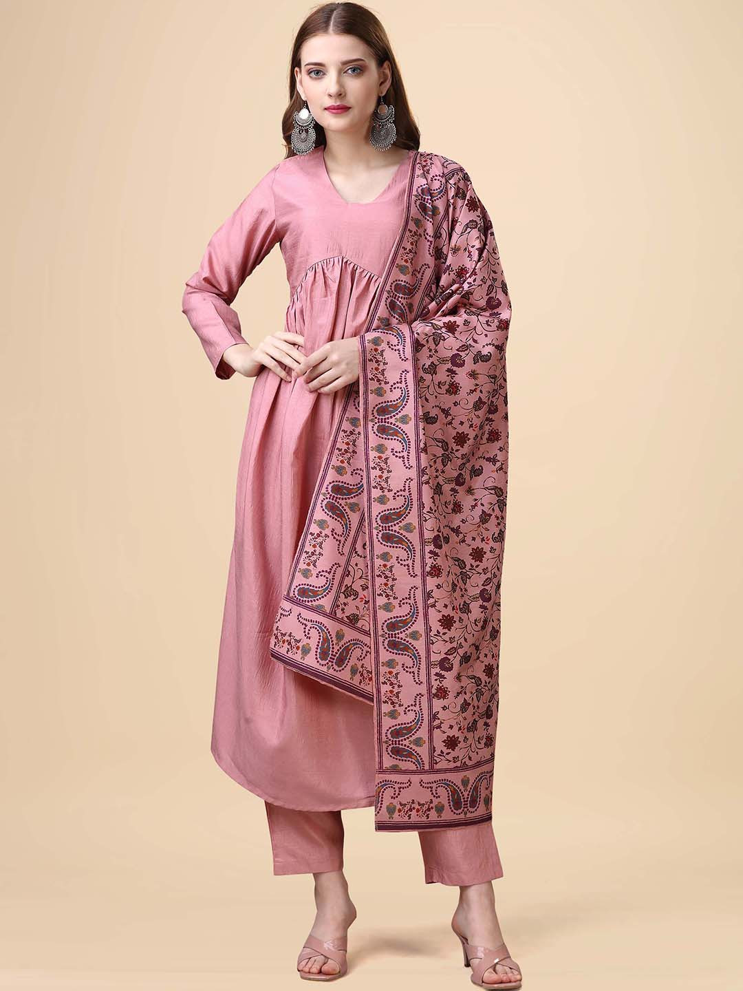 heemara V-Neck A-Line Kurta With Trousers & Dupatta