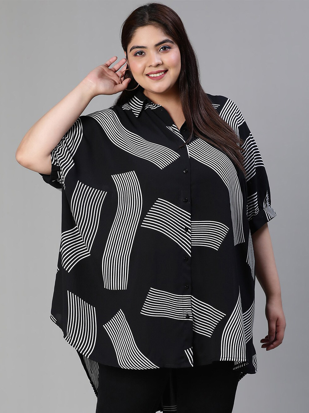 Oxolloxo Plus Size Abstract Printed Extended Sleeves High-Low Casual Shirt