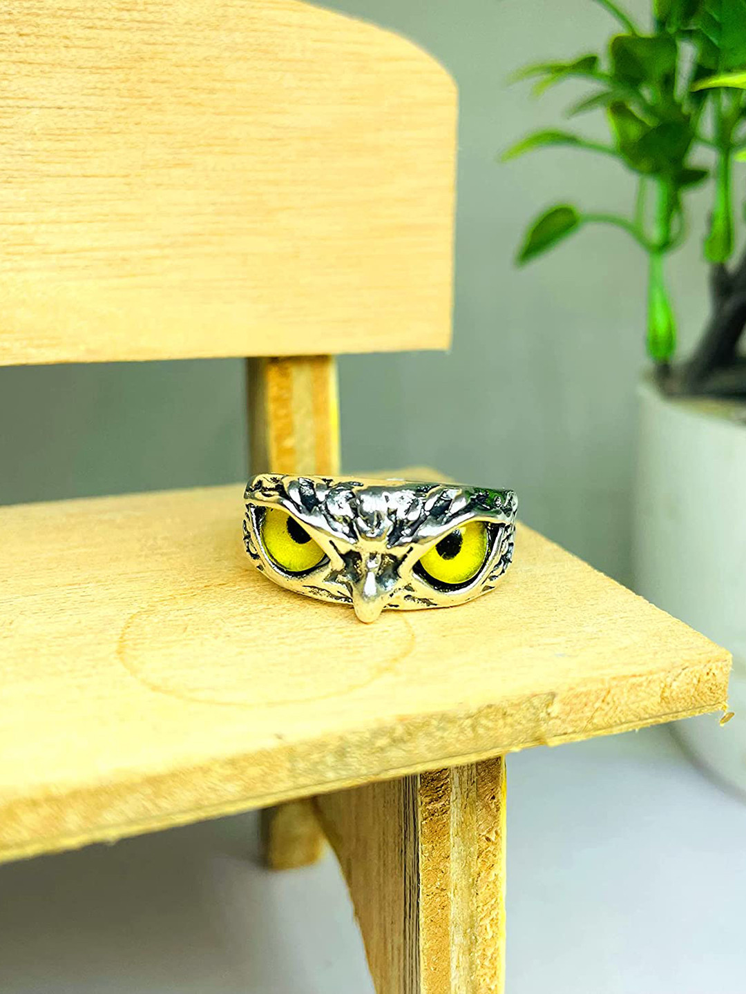 MEENAZ Men Silver-Plated Owl Evil Eye Adjustable Finger Ring