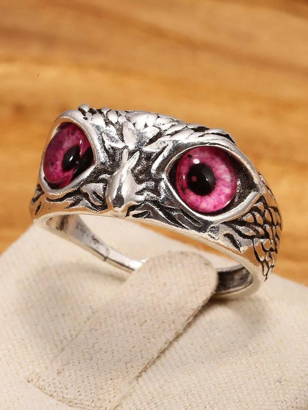 MEENAZ Men Silver-Plated Owl Evil Eye Adjustable Finger Ring