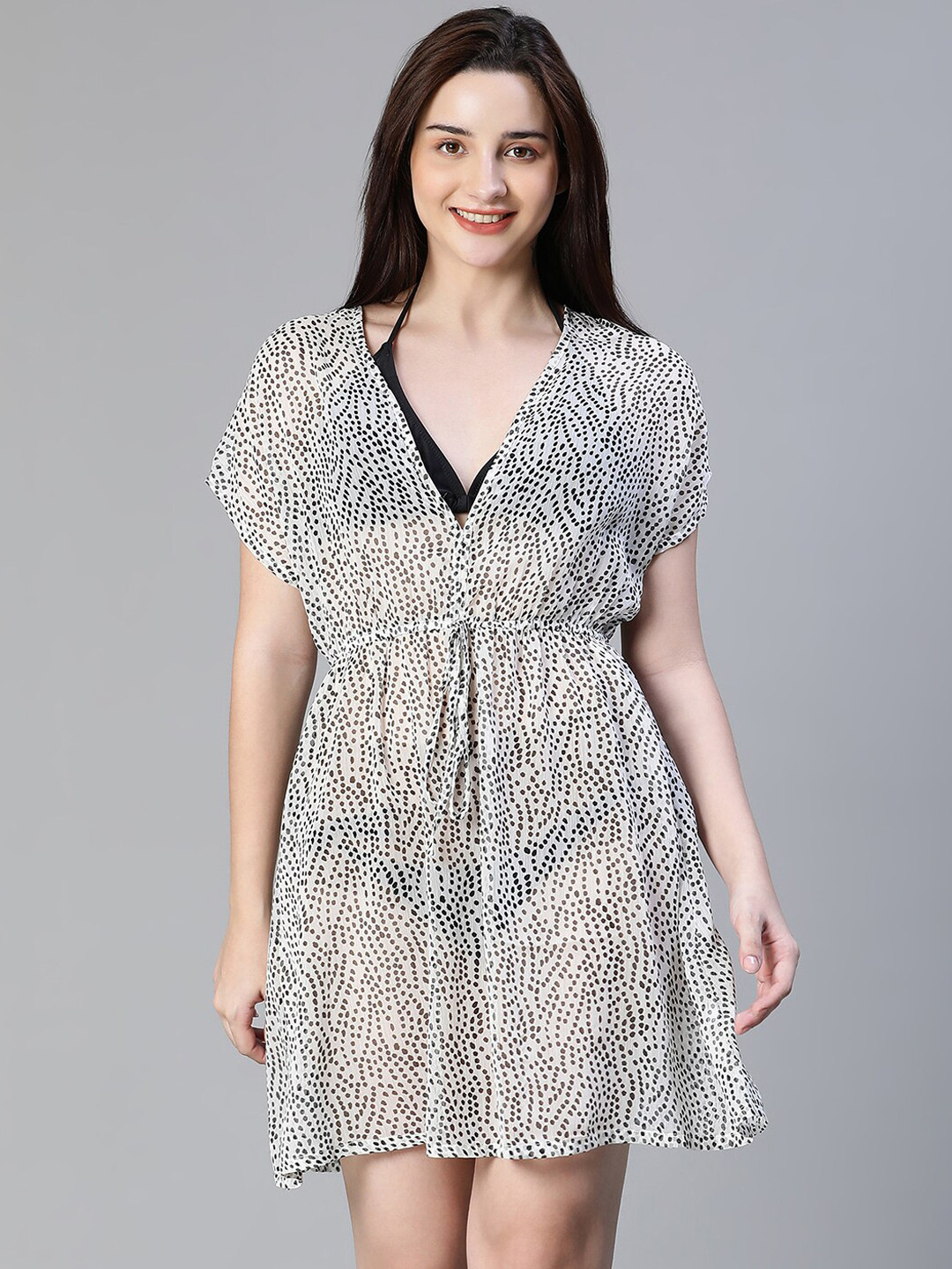 Oxolloxo Printed Elasticated Tie -Knot Kaftan Swimwear Cover-Up Dress