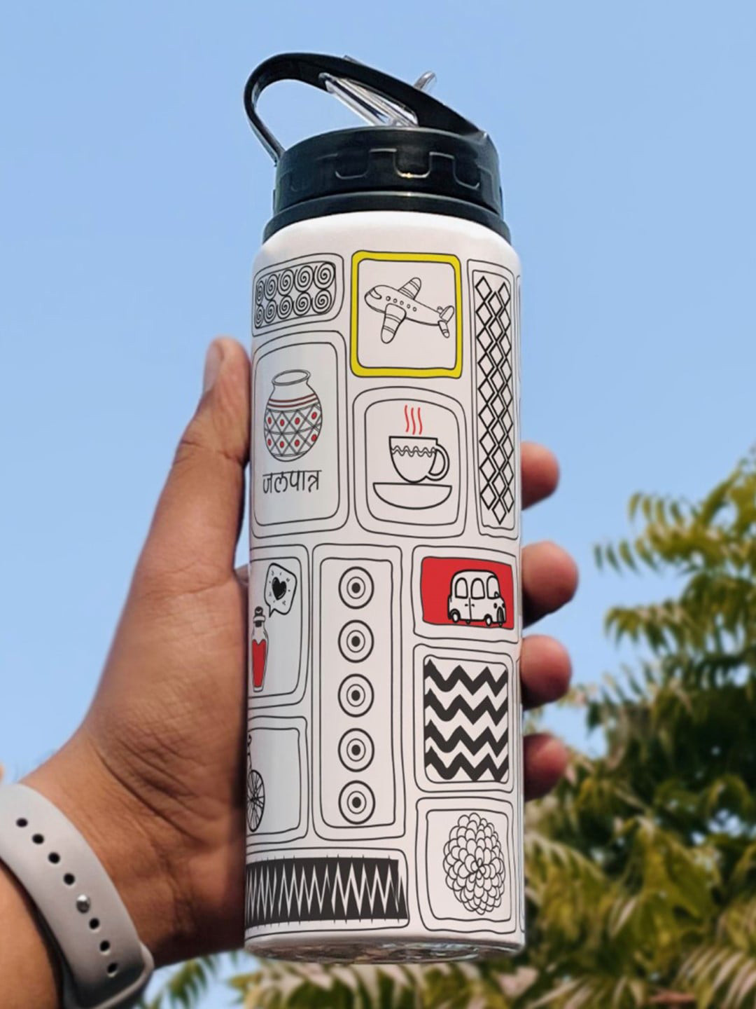 Indigifts White & Grey Printed Sipper Water Bottle 750ml
