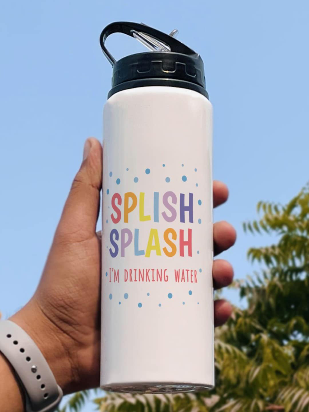 Indigifts White & Black Splish Splash Printed Aluminium Sipper Water Bottle 750 ml