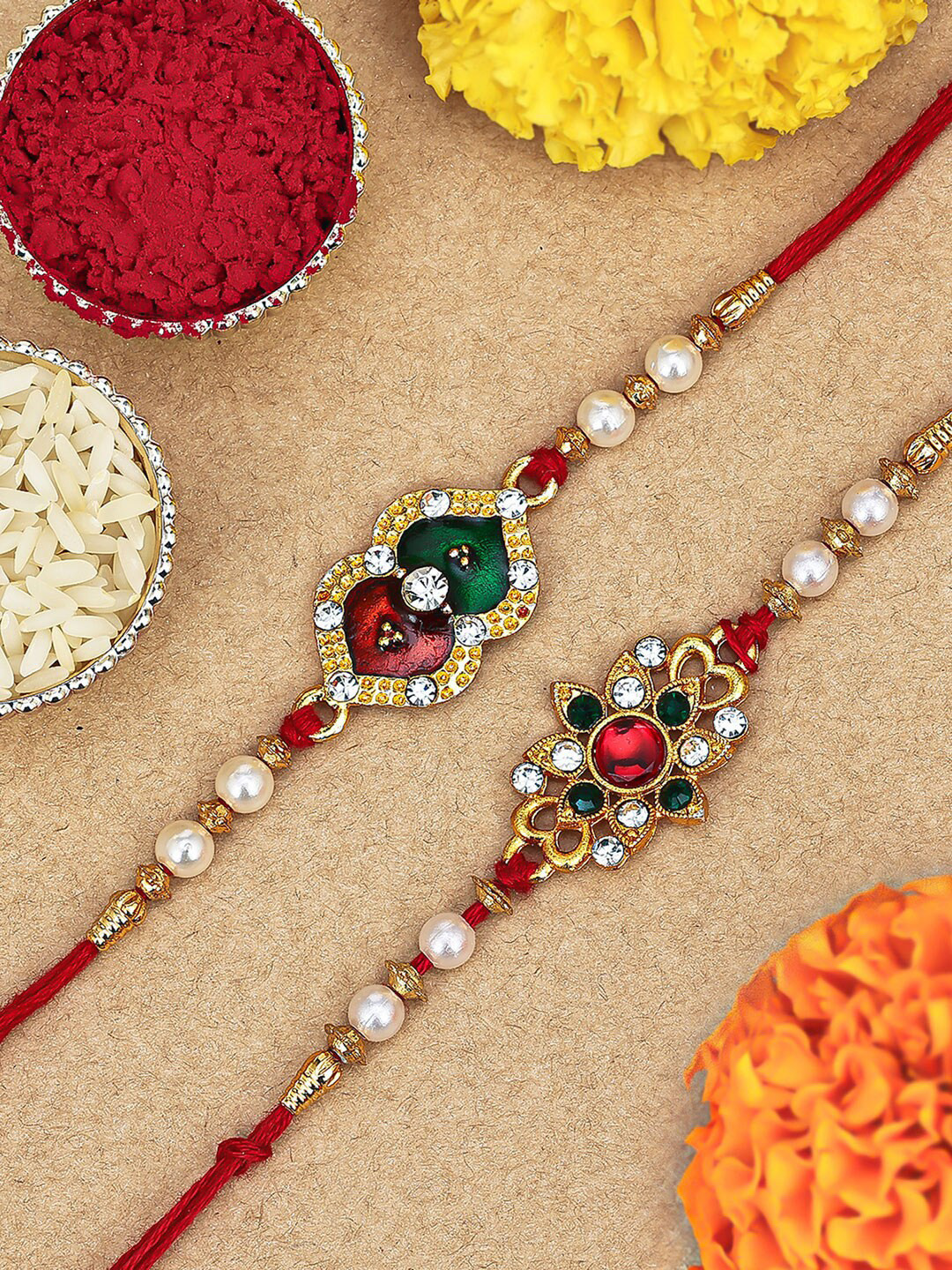 Sukkhi Rakhi Set Of 2 Gold-Plated Stone-Studded Rakhi With Roli, Rice & Greeting Card