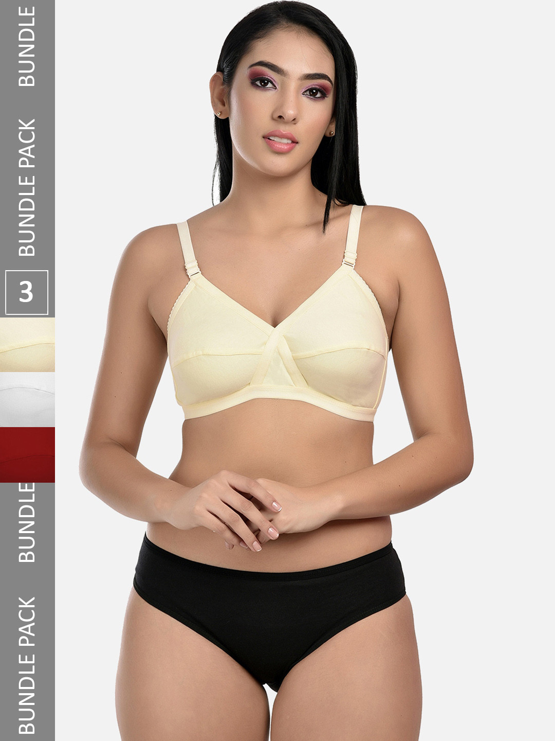 StyFun Pack Of 3 Non-Padded Lingerie Sets LS_Cross_Set_WhiteBeigeMaroon_B